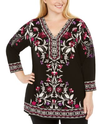 JM Collection - Plus Size Printed Embelished Top