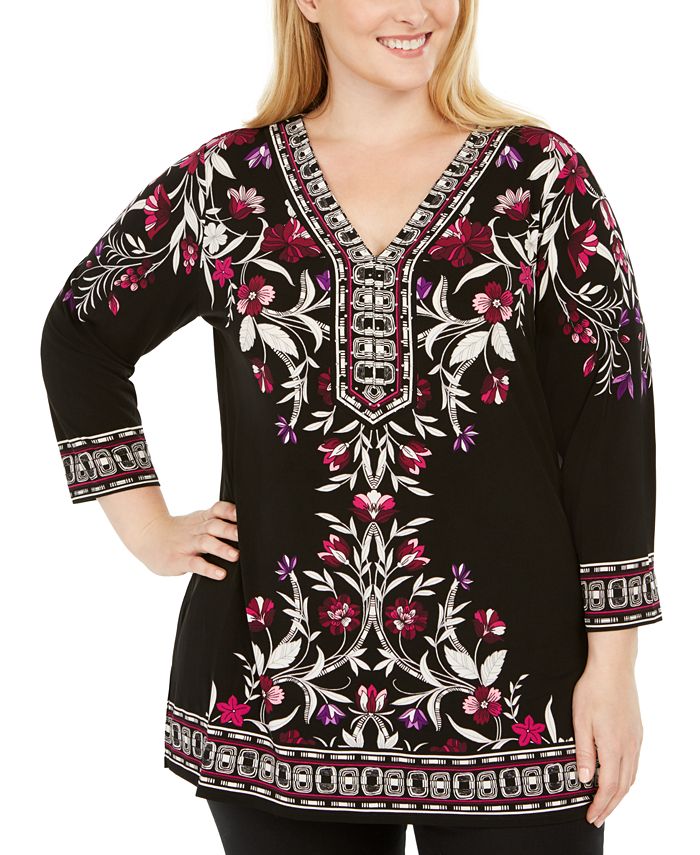 JM Collection Plus Size Printed Embelished Top, Created for Macy's - Macy's