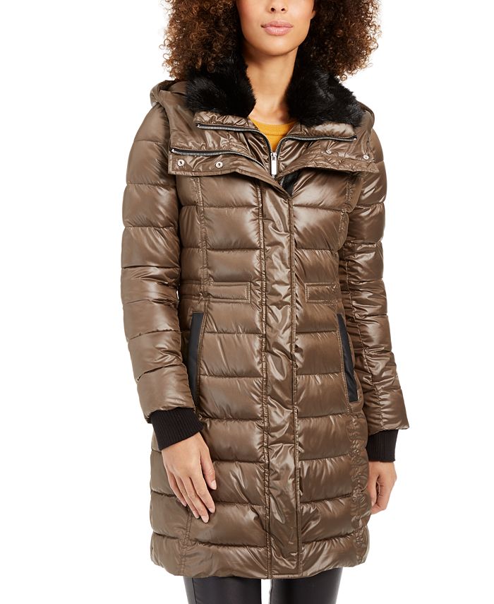 French Connection Womens 3/4 Faux Fur Collar Puffer