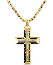 Diamond Cross 22" Pendant Necklace in Gold Tone Ion-Plated Stainless Steel & Black Carbon Fiber, Created for Macy's (Also in Black Ion Plated Stainless Steel)