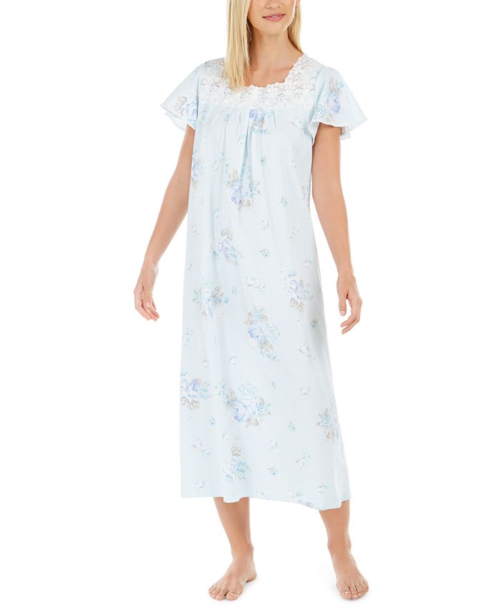 Miss Elaine Women's Cotton Lace-Trim Floral-Print Long Nightgown - Macy's