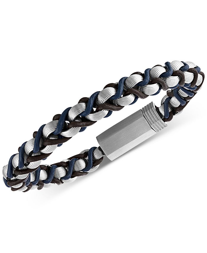 Esquire Men's Jewelry Braided Leather Bracelet in Stainless Steel
