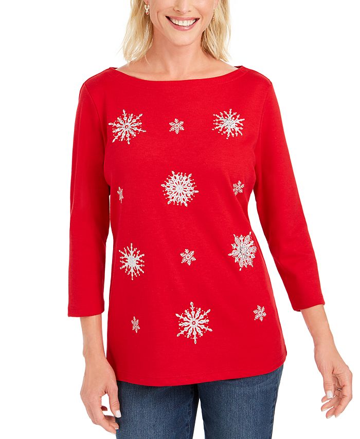 Karen Scott Petite Snowflake Toss Scoop Neck Top