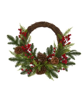 Nearly Natural - 17" Poinsettia, Holly Berry and Pine Artificial Arrangement
