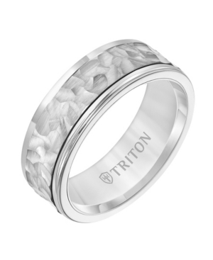 image of Triton 8MM White Tungsten Carbide Ring with 14K White Gold Hammered Insert