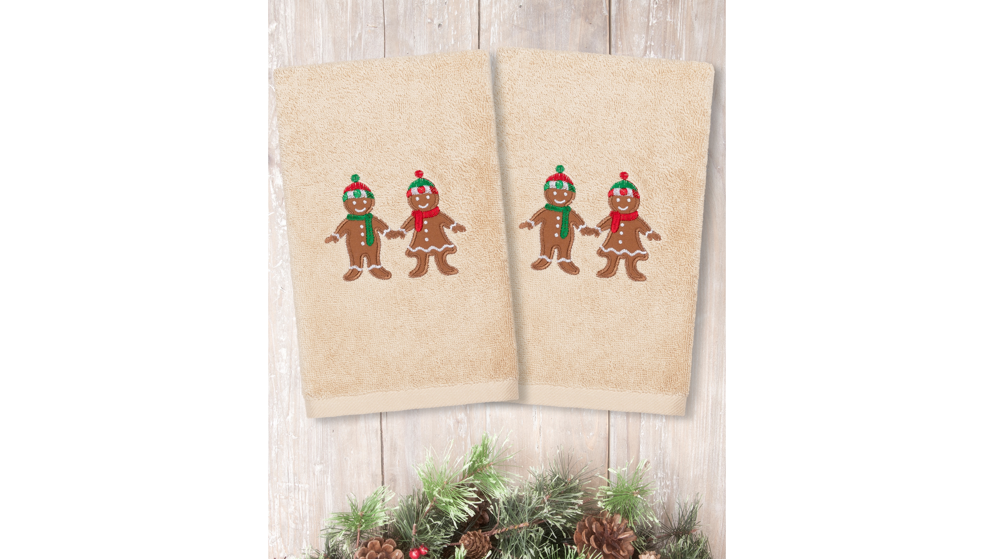 Linum Home Christmas Gingerbread Embroidered 100% Turkish Cotton 2-Pc. Hand Towel Set