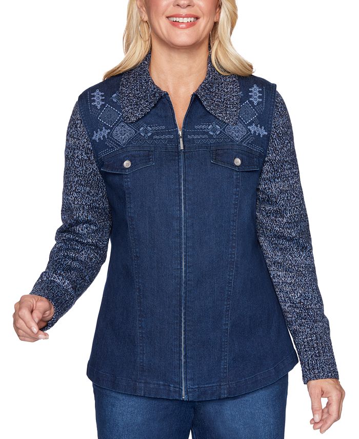 Alfred Dunner Autumn Harvest Embroidered Knit Sleeve Denim Jacket Macy's