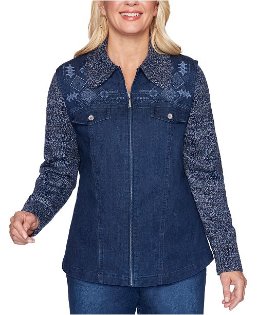 Alfred Dunner Autumn Harvest Embroidered Knit Sleeve Denim Jacket & Reviews - Jackets & Blazers