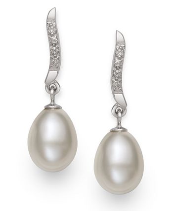 Macy's - Cultured Freshwater Pearl (7-8 mm) and Diamond Accent Swirl Earring in Sterling Silver