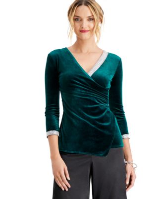 MSK Rhinestone-Trim Velvet Surplice Top - Macy's