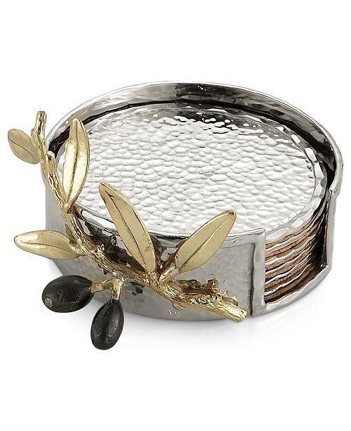 Michael Aram Set Of 6 Olive Branch Gold Coasters With Caddy Reviews Bar Wine Dining Macy S