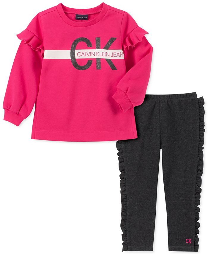 Calvin Klein Little Girls 2-Pc. Fleece Sweatshirt & Ruffled Leggings ...