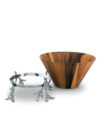 Acacia Wood Salad Bowl in Metal Stand, Sand-Cast Aluminum Stand in Olive Pattern