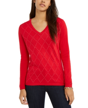 TOMMY HILFIGER WOMEN'S IVY STUDDED ARGYLE V-NECK SWEATER, CREATED FOR MACY'S