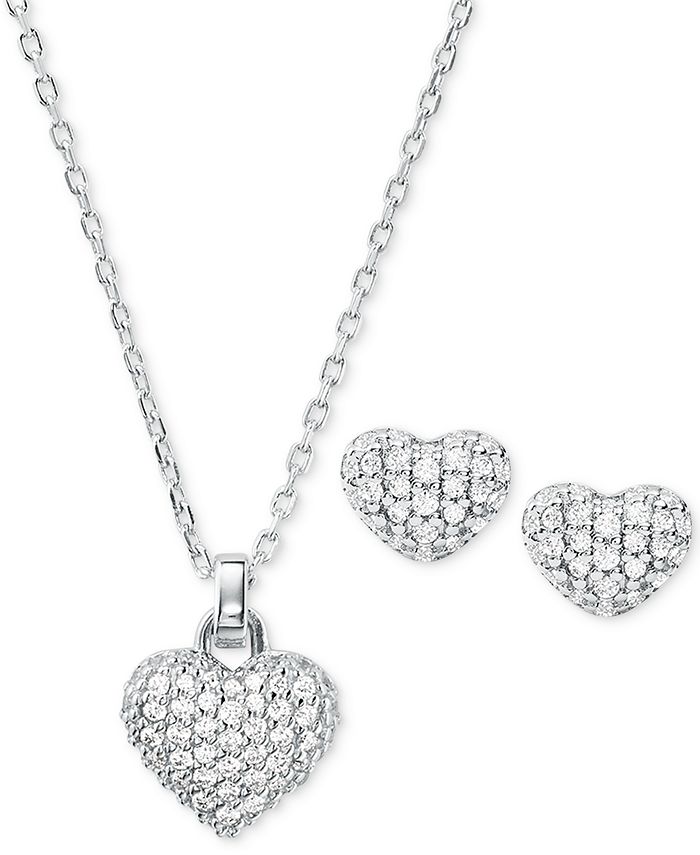 Michael Kors Sterling Silver Pavé Puffy Heart Pendant Necklace & Stud ...