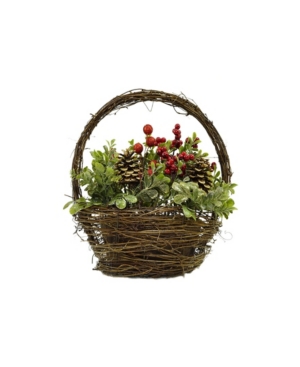 Northlight 12" Pine Cones Berries And Boxwood In Twig Basket Christmas Tabletop Decoration In Brown