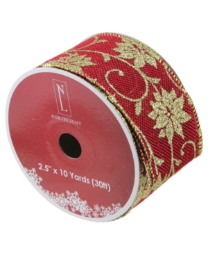 Northlight Pack Of 12 Cranberry Red And Gold Poinsettia Burlap Wired Christmas Craft Ribbon Spools
