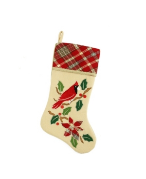 Northlight 20.5" Country Cabin Embroidered Tan Cardinal Bird Christmas Stocking With Red Plaid Cuff In Brown