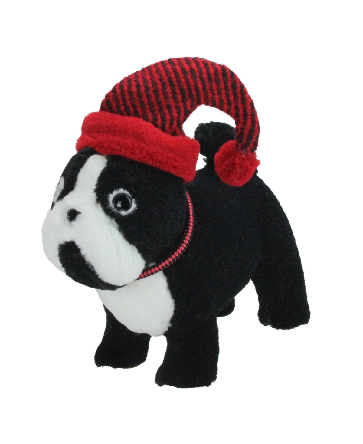 11.5" Black and White Plush Standing Bulldog with Red Hat Christmas Decoration - Multi