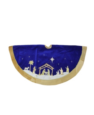 Northlight 48" Blue And Gold Nativity Scene Christmas Tree Skirt With Gold Border