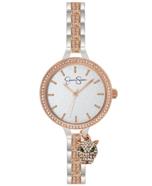 image of Jessica Simpson Women-s Pave Crystal Panther Charm Two Tone Bracelet Watch 36mm