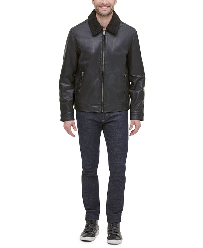 Cole Haan Men's Leather Aviator Jacket with Faux Sherpa Collar ...