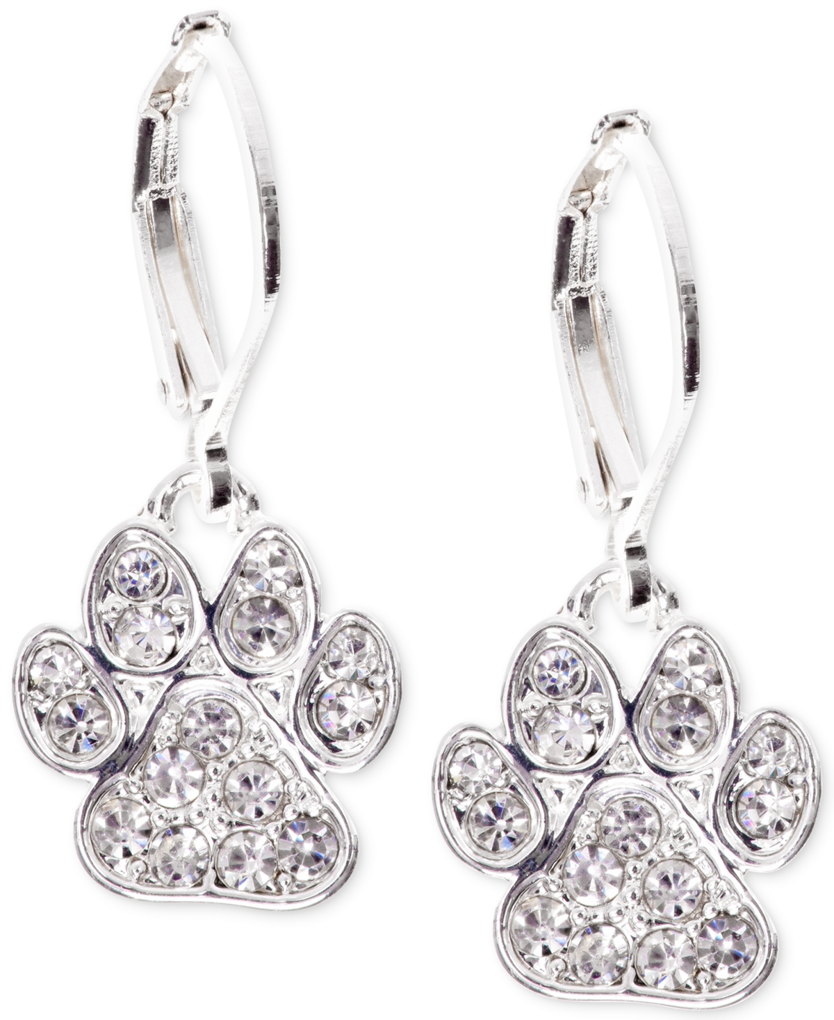 Silver-Tone Pave Paw Drop Earrings - Crystal