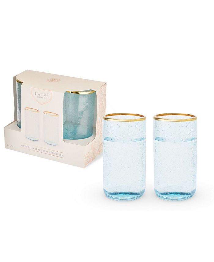 Twine Aqua Bubble Gold Rim Glass Tumblers, Set of 2, 16 Oz - Blue