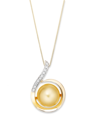 image of 14k Gold Necklace, Golden South Sea Pearl (11mm) and Diamond (1/10 ct. t.w.) Swirl Pendant