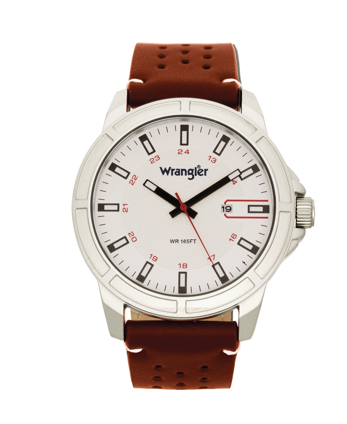 Men's, 48MM Silver Case with White Dial, White Index Markers, Sand Satin Dial, Analog, Date Function , Red Second Hand, Brown Strap with Whit