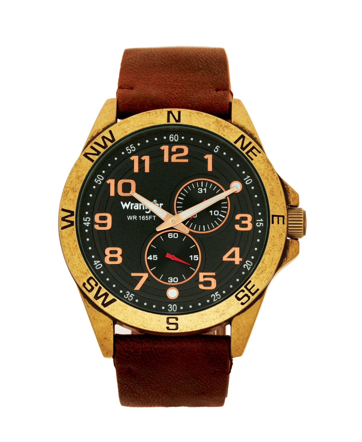 Men's Watch, 48MM Antique Brass Plated Case, Compass Directions on Bezel, Black Dial, Antiqued Arabic Numerals, Multi Function Date and Secon