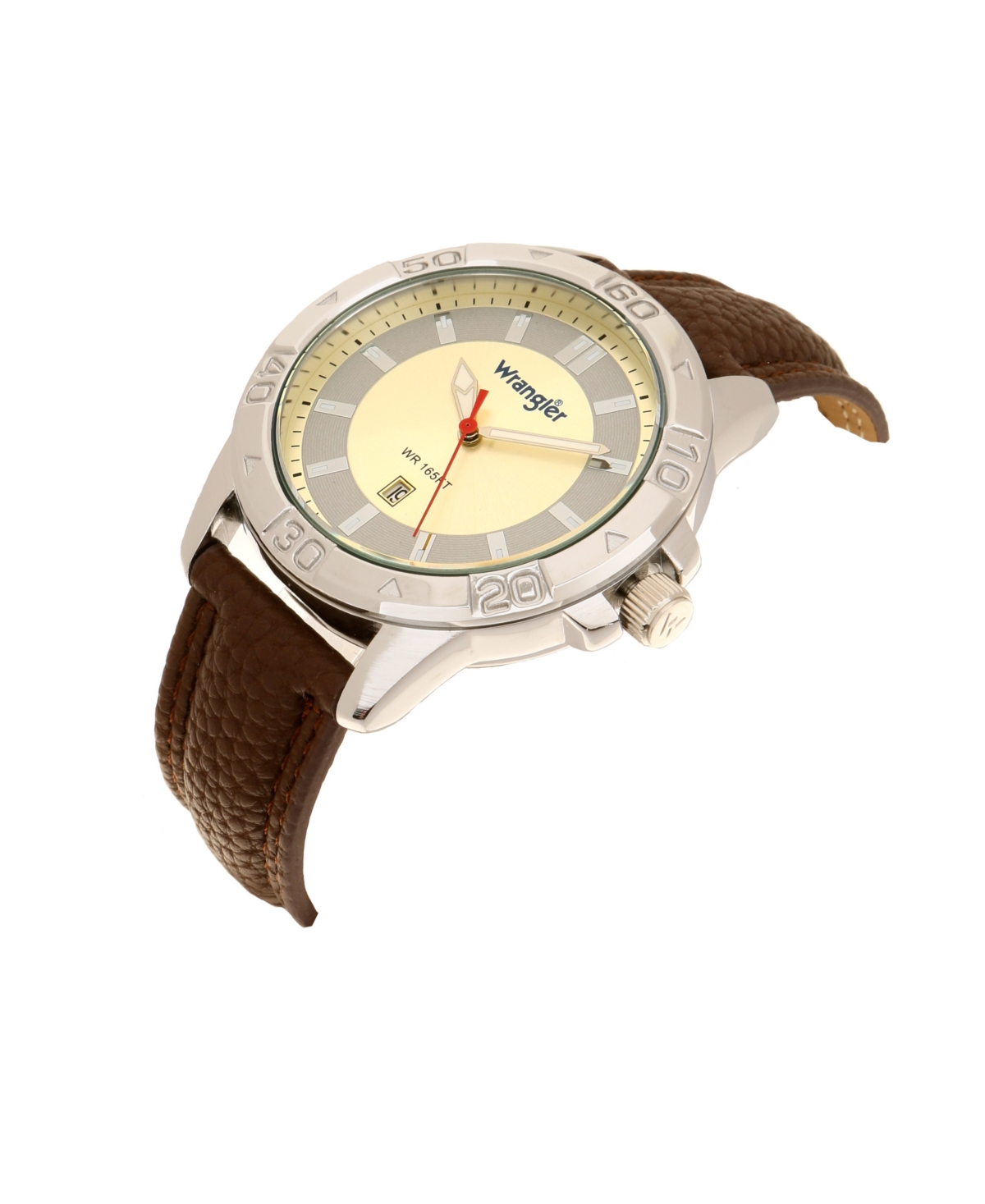 Wrangler Men's Watch, 46MM Silver Colored Case with Embossed Arabic Numerals on Bezel, Ivory Sunray Dial, Silver Index Markers, Analog,Strap