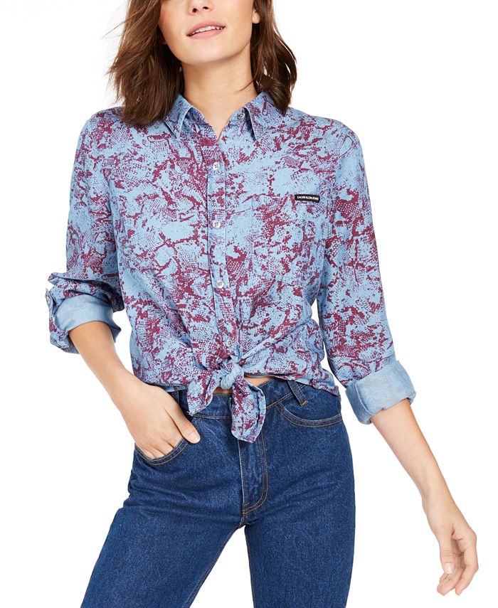 Calvin Klein Jeans Tencel Snake-Print Button-Down Shirt - Macy's