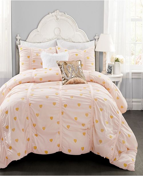 Lush Decor Metallic Heart Print 3 Piece Full Queen Comforter Set