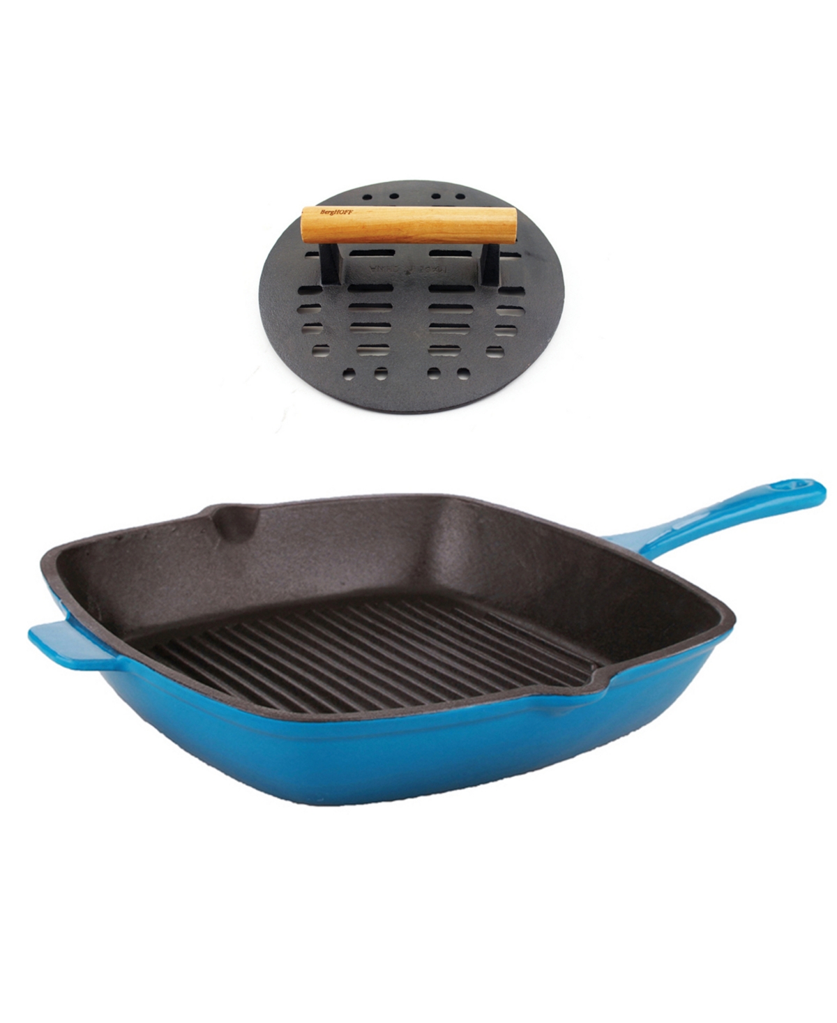 BErgHoff Neo 2-Pc. Cast Iron Set: 11" Grill Pan and with Slotted Steak Press