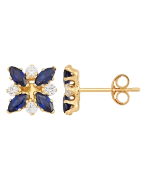 image of Sapphire (1-1/3 ct. t.w.) and White Topaz (1/3 ct. t.w.) Flower Cluster Earrings in 10k Yellow Gold