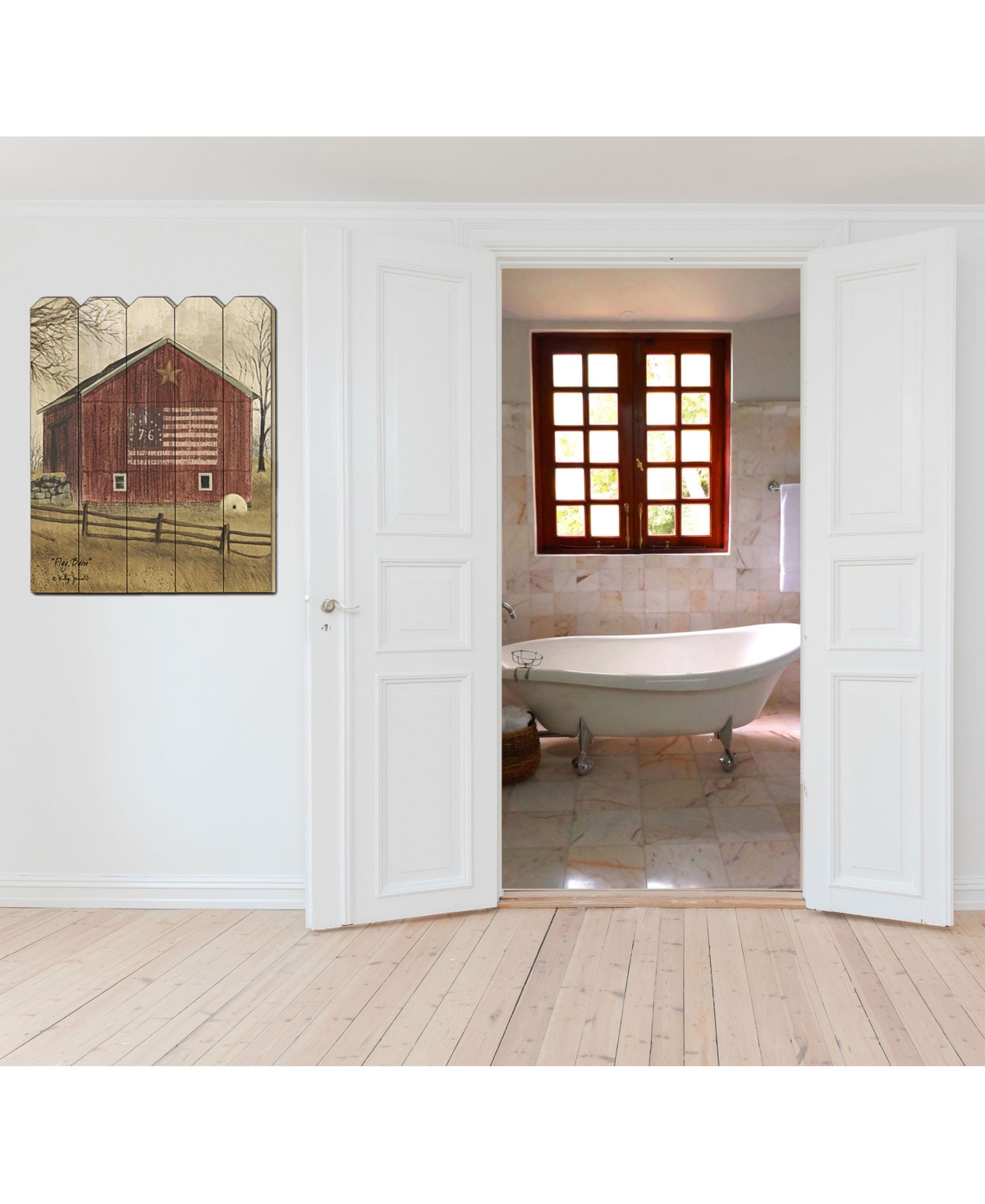 Trendy Decor 4U Flag Barn by Billy Jacobs, Printed Wall Art on a Wood Picket Fence,