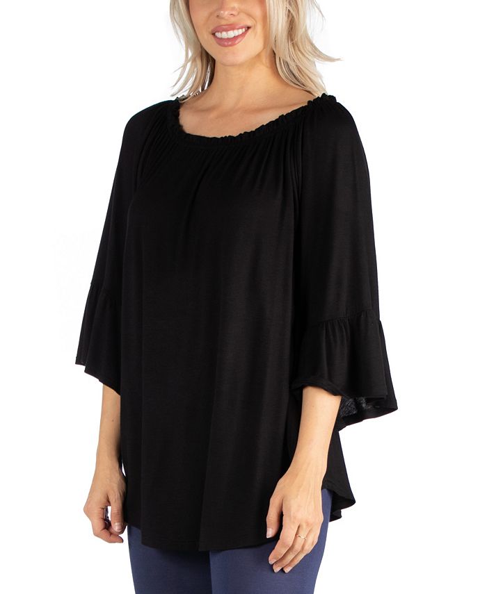 24seven Comfort Apparel Women Pleated Peasant Top Round Neck And Bell ...