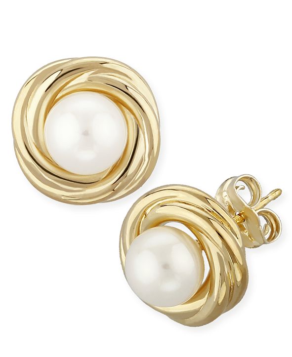 Macy's Love Knot Pearl (5 mm) Stud Earrings Set in 14k Yellow Gold
