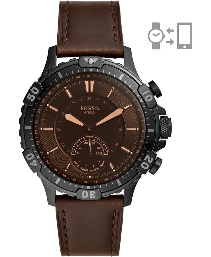 Fossil Men's Garrett Brown Leather Strap Hybrid Smart Watch 44mm - Macy's