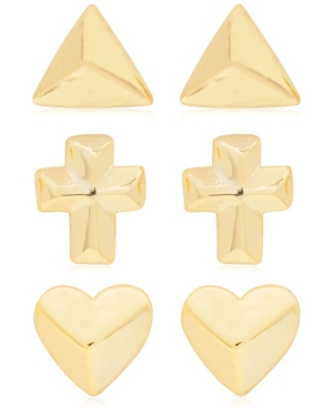 image of Link Up 3-Piece Set Triangle, Cross and Heart Stud Earrings in 18K Gold Over Sterling Silver