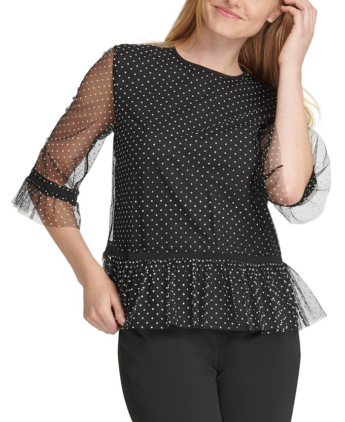 KATE IVORY POLKA DOT SHOULDER PADDED PEPLUM TOP