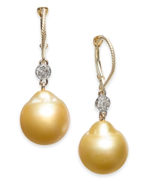 image of Cultured Baroque Golden South Sea Pearl (12mm) & Diamond (1/10 ct. t.w.) Drop Earrings in 14k Gold