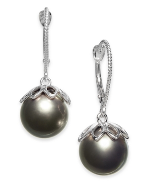 image of Cultured Black Tahitian Pearl (10mm) Drop Earrings in 14k White Gold