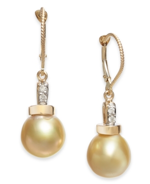 image of Cultured Baroque Golden South Sea Pearl (10mm) & Diamond (1/20 ct. t.w.) Drop Earrings in 14k Gold