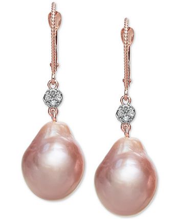 Macy's - Cultured Pink Baroque Freshwater Pearl (12mm) & Diamond (1/20 ct. t.w.) Drop Earrings in 14k Rose Gold
