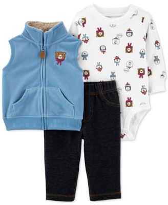 Carter's Baby Boys 3-Pc. Bear Vest, Bear-Print Bodysuit & Pants Set ...