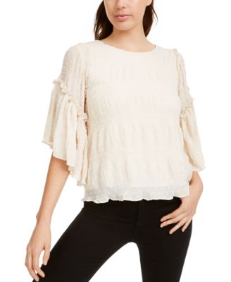 Line & Dot Chiffon Flutter-Sleeve Top 