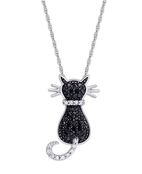 Macy S Black And White Diamond 1 3 Ct T W Cat Pendant Necklace