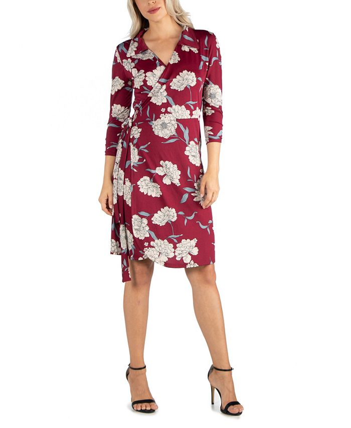 24seven Comfort Apparel Women's Collared Burgundy Wrap Dress & Reviews ...